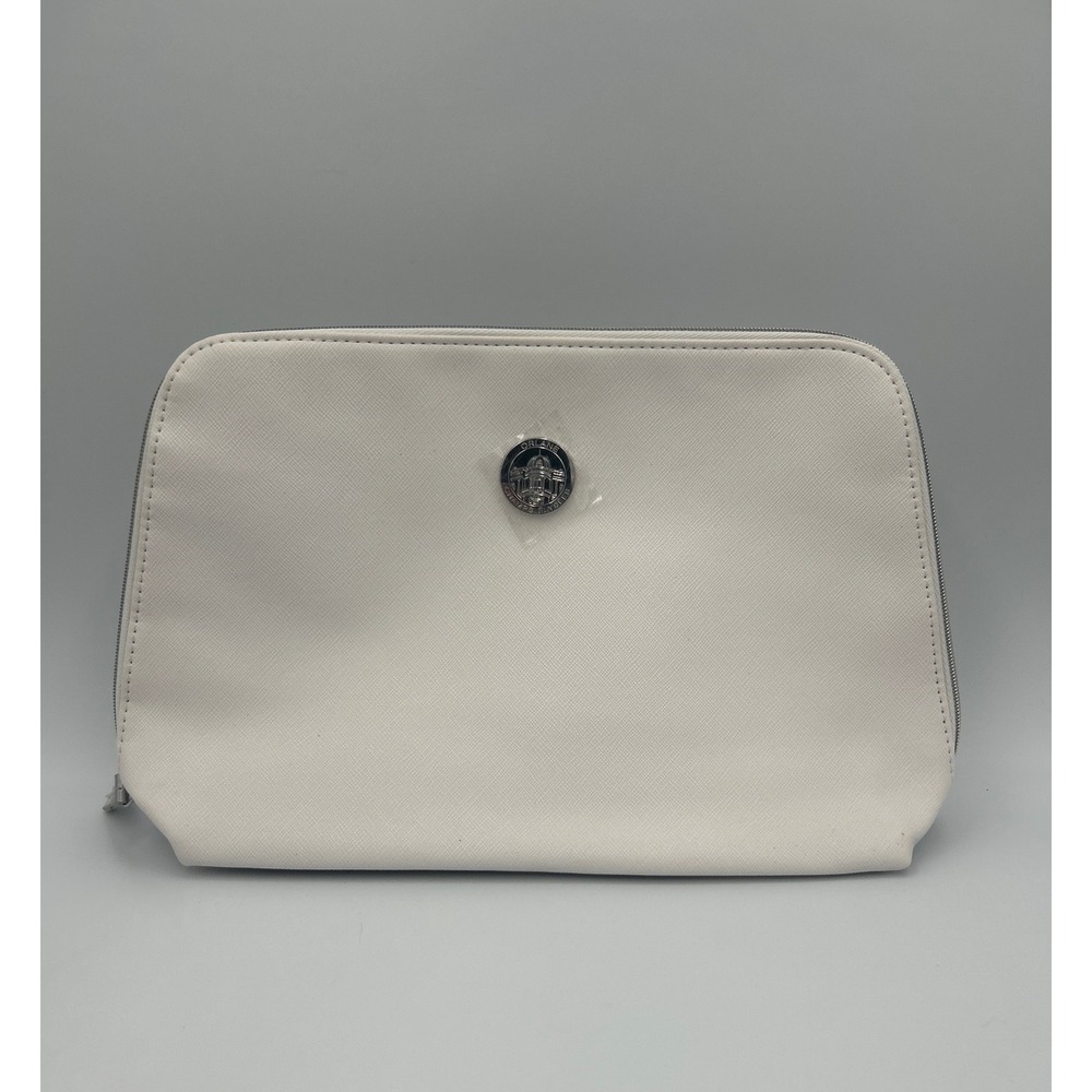 Orlane Paris White Saffiano Textured Cosmetic Makeup Travel Bag Silver Logo